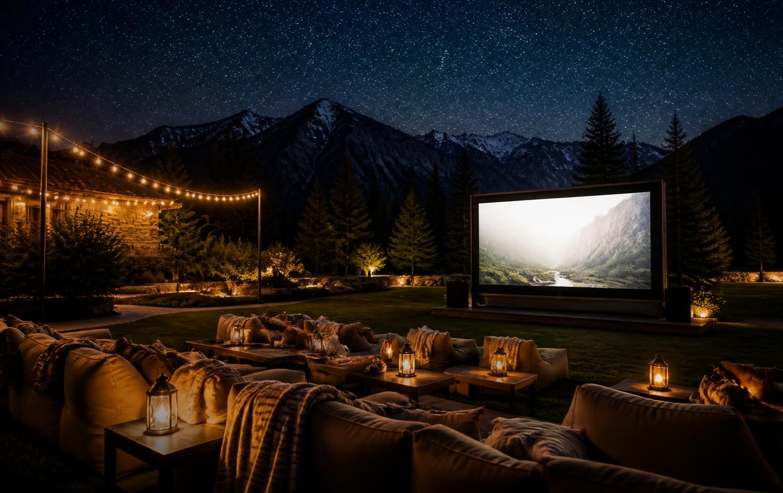 Open-air cinema screen glowing on the lawn at night beneath a starry mountain sky
