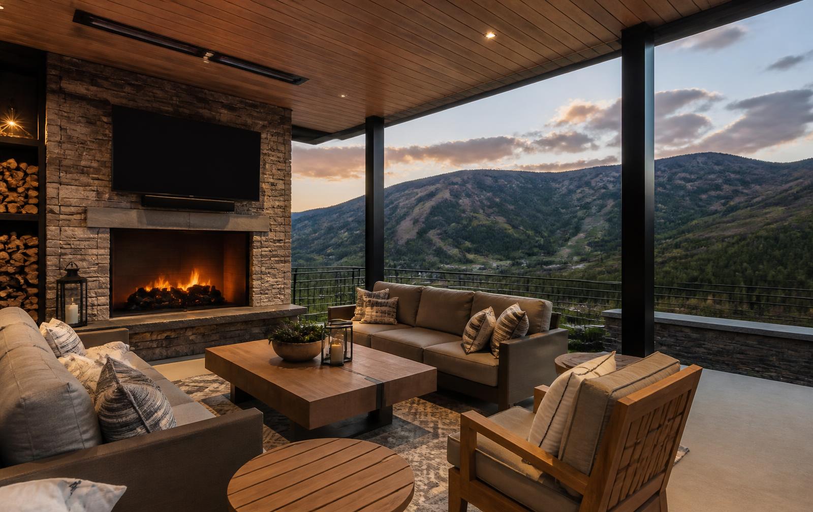 Covered outdoor living area with fireplace, television and deep seating overlooking the mountains