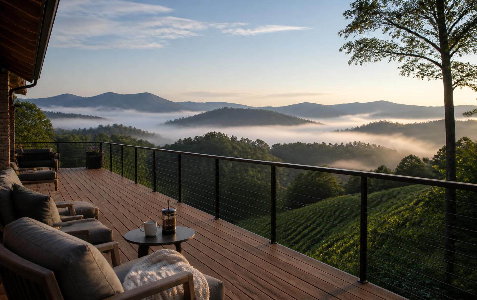 Deck seating at Yukon Summit Retreat overlooking misty North Georgia mountains and vineyards