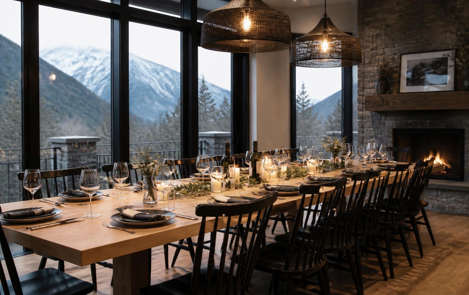 Custom farm dining table set for twelve guests with mountain views