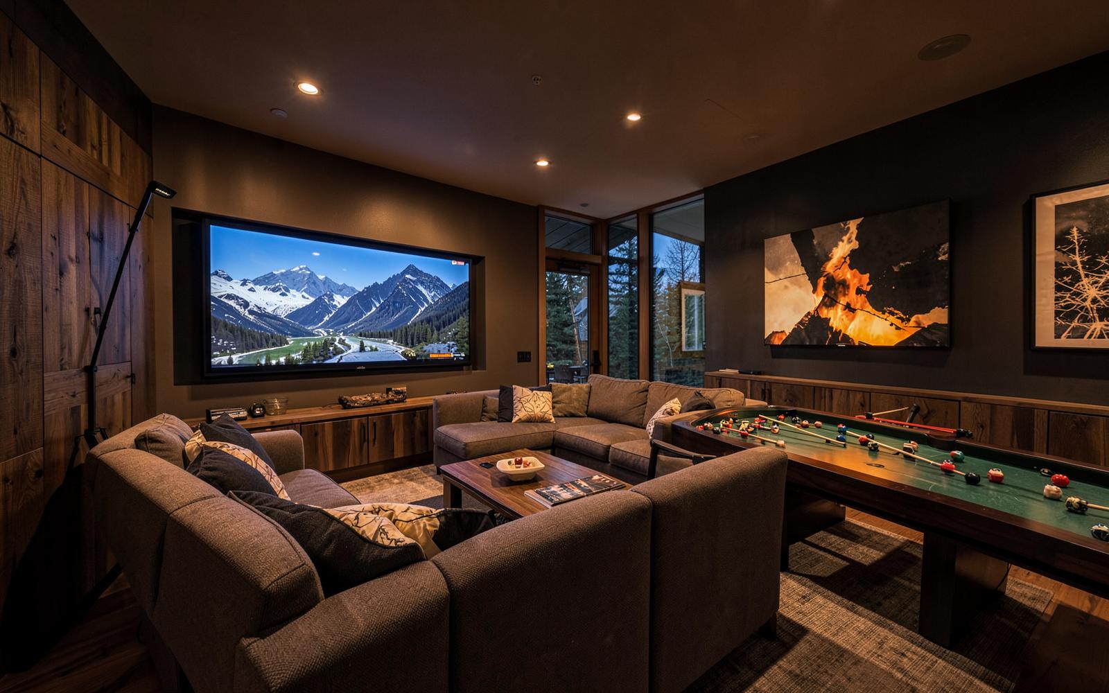 Indoor entertainment lounge with big screen and game table