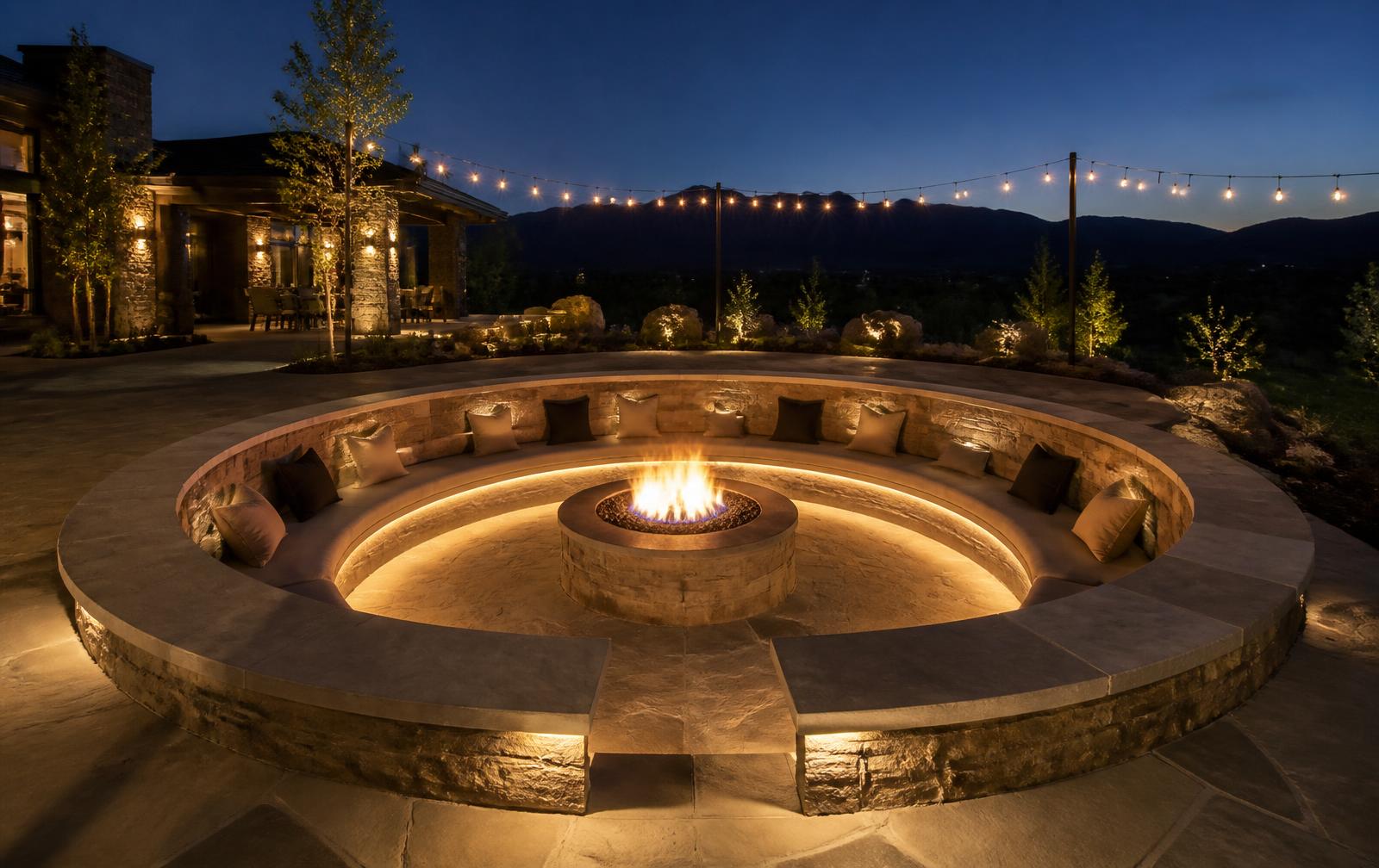 Sunken fire-pit lounge with built-in seating burning at night at Yukon Summit Retreat