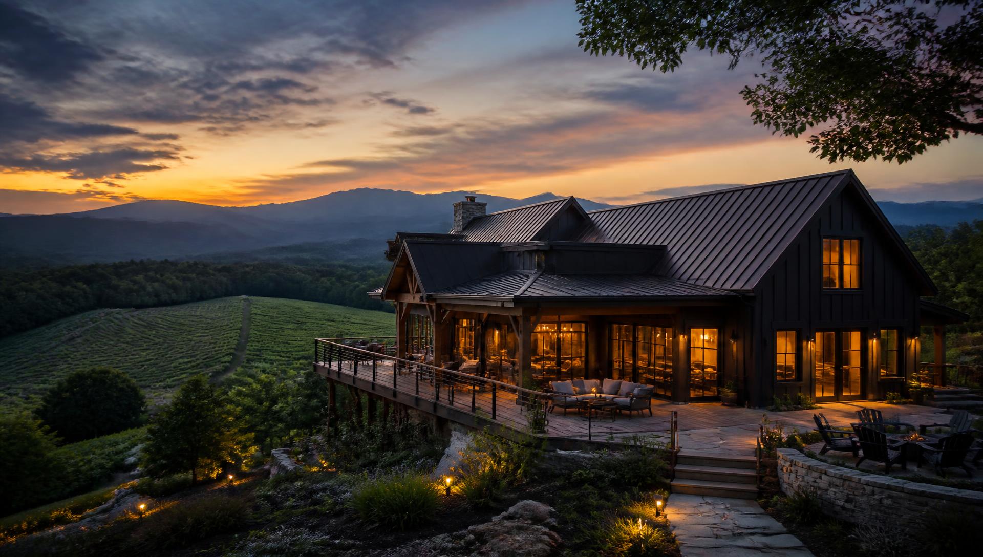 Yukon Summit Retreat glowing at twilight on a North Georgia mountaintop above the vineyards