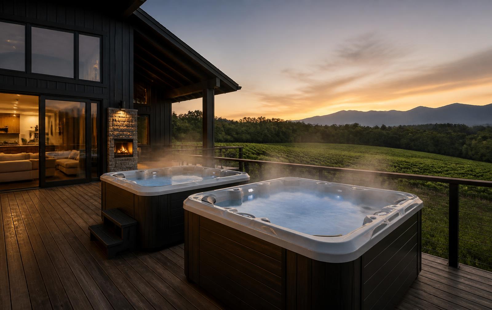 Two hot tubs steaming at sunset on the deck at Yukon Summit Retreat with vineyard and mountain views
