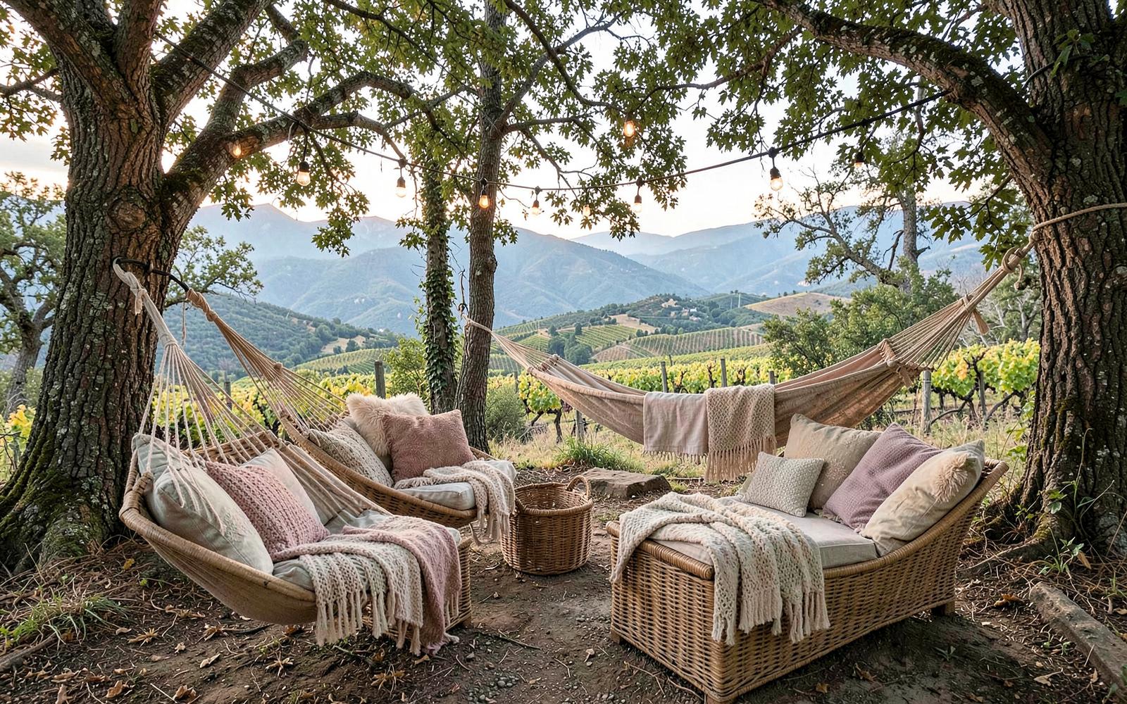 Quiet outdoor hammock lounge overlooking vineyards