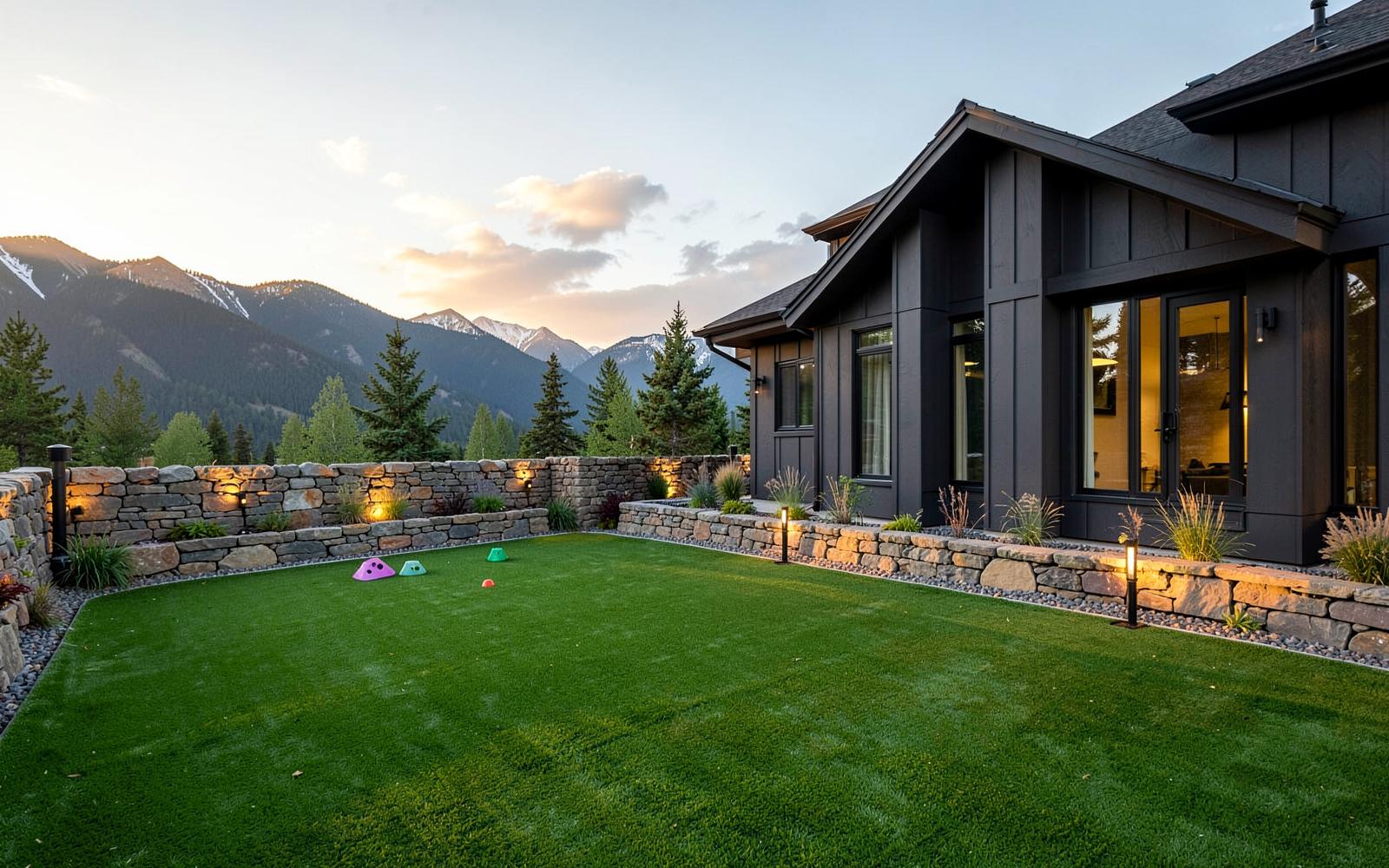 Turf recreation lawn with lawn games beside the mountain lodge